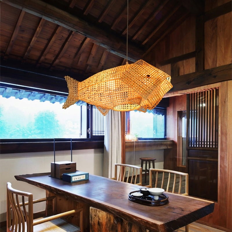 Đèn gỗ thả trần hình cá chép