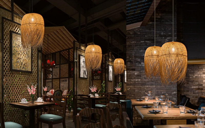 Đèn thả mây tre đan ứng dụng nhiều vào trang trí quán cf, quán ăn