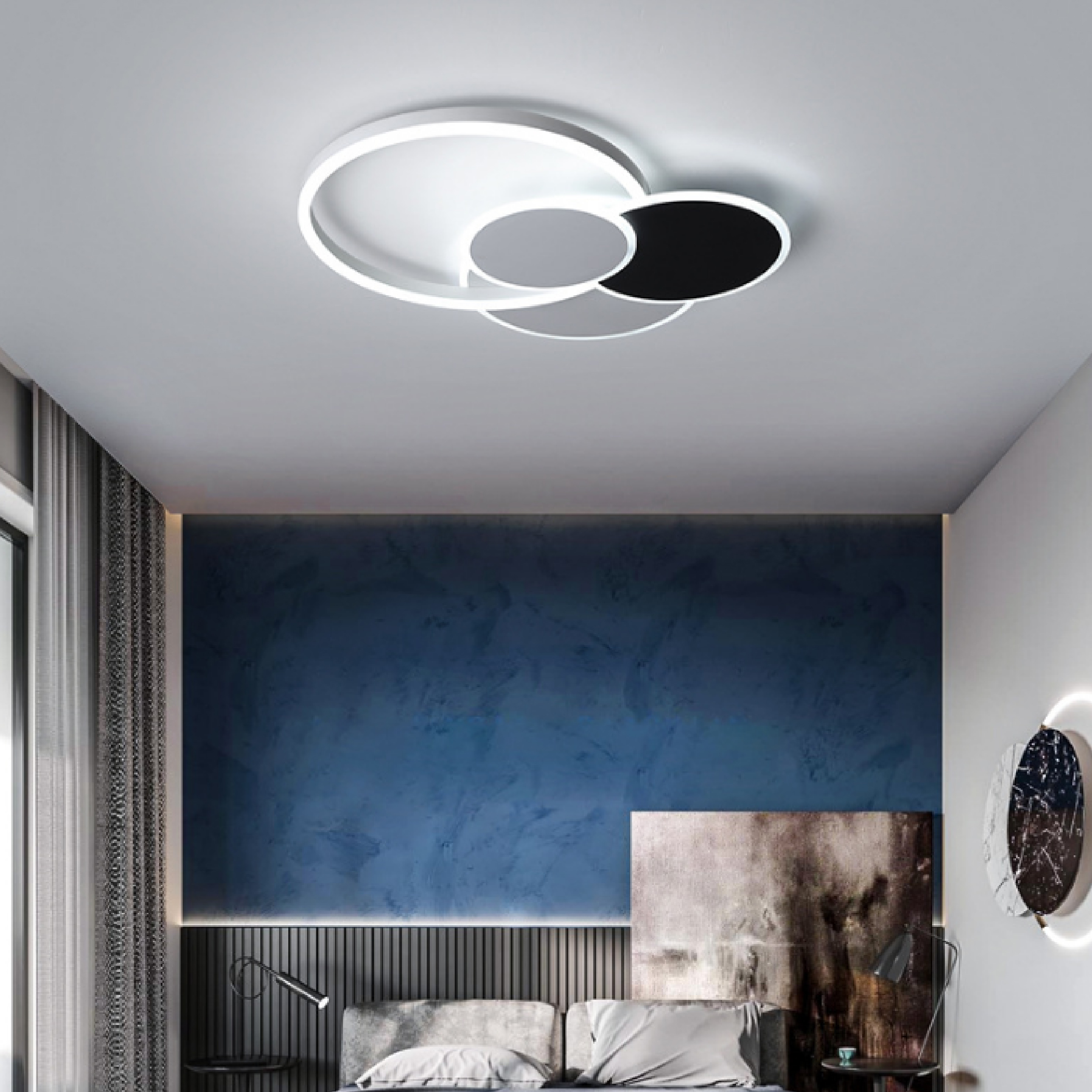 Đèn mâm ốp trần hiện đại 4 vòng trắng đen MOLH-9063