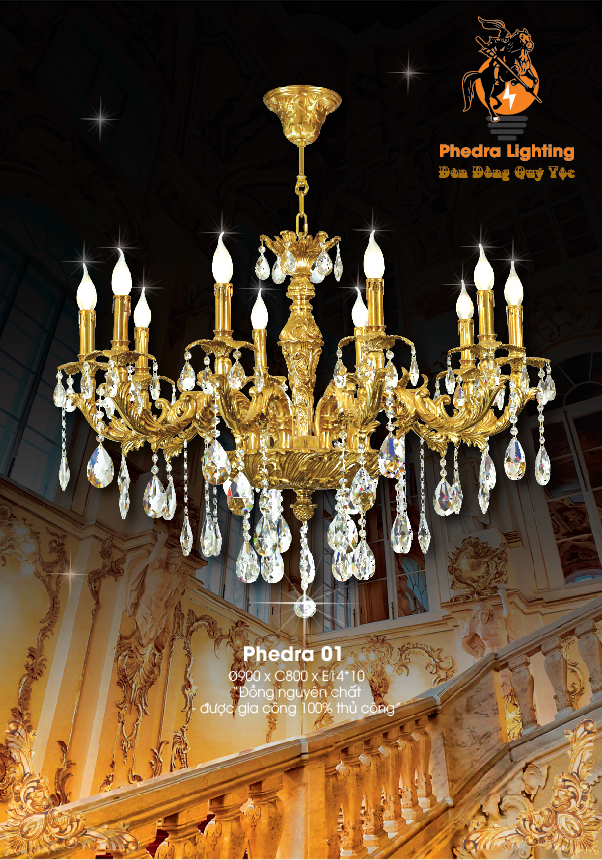 Đèn chùm đồng nguyên chất cổ điển Phedra 01