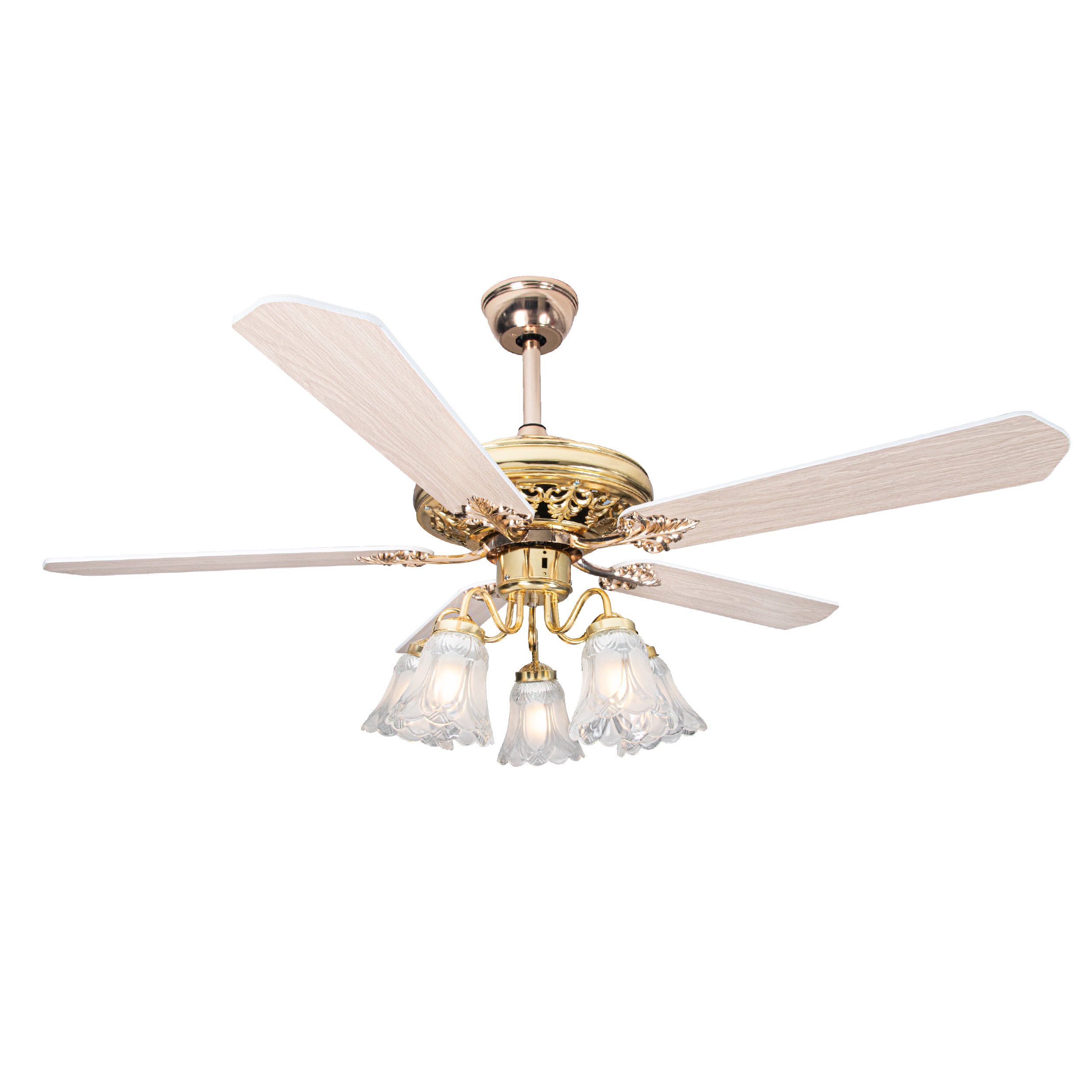 Quạt trần đèn 5 cánh màu gỗ nhạt phòng khách kiểu cổ điển VIFA 601